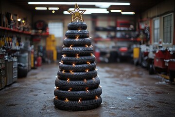Obraz premium A unique Christmas tree made from stacked tires in a garage, perfect for rustic or industrial-themed holiday decorations