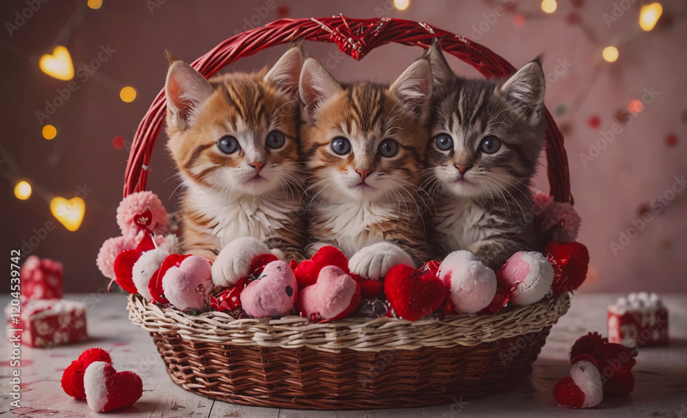 Poster three kittens are sitting in a basket with red hearts and pink balls. the basket is on a table with 