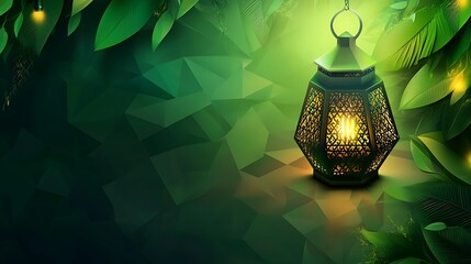 Hari Raya Aidilfitri - pelita oil lamp with green geometric ketupat Selamat Hari Raya Aidilfitri greeting template with abstract pelita oil lamp and green geometrical ketupat texture background. (text