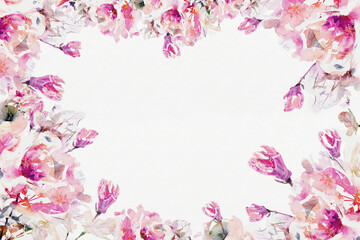 Frame of watercolor flowers in pink tones in the shape of a heart with space for text. Background with watercolor roses for greeting card design
