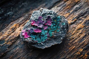 Vibrant pink and teal lichen flourishing on a dark, textured rock surface.