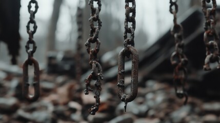 Rusty chains hang loosely in an atmospheric industrial setting, embodying a sense of history and timeless wear amidst a rugged environment.