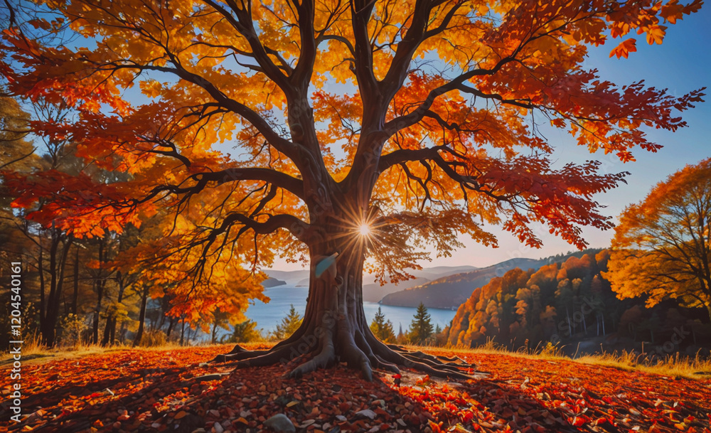Aufkleber large tree with a lot of leaves on the ground. the leaves are orange and the tree is in a field