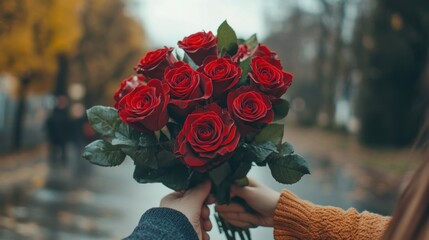 Romantic couple exchanging a bouquet of red roses outdoors on a rainy autumn day. © huhu