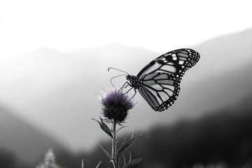Obraz premium A monarch butterfly delicately perched on a purple thistle flower against a blurred mountain backdrop.
