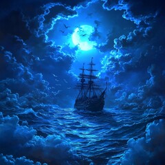 Fototapeta premium Caught in a violent storm, the ship faced waves crashing around, in a dark and choppy ocean, embodying the concept of fighting and adventure