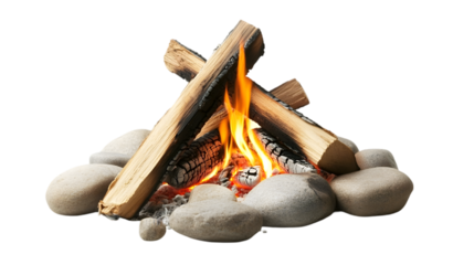 Warm Campfire Burning Brightly with Logs and Stones on Black Bac