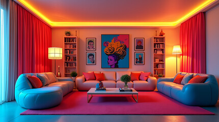 An apartment design with bright colors, pop-art posters, and uniquely shaped furniture. 