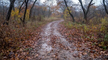 Naklejka premium Autumnal forest path, leaves, wet, muddy, trees, walk
