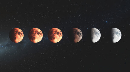A time lapse image showcasing the different phases of a lunar eclipse, from the initial penumbra to the total eclipse and back, set against a starry sky. Lunar Eclipse. Illustration