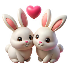 Couple of adorable cartoon white bunnies 3d illustration isolated on the transparent background. Valentine's day