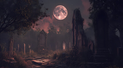 An old, overgrown cemetery is cast in the eerie light of a total lunar eclipse. Lunar Eclipse. Illustration