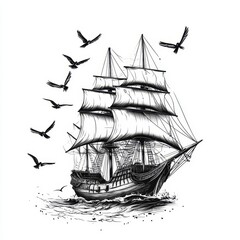 Illustration in monochrome of a sailing ship on the ocean, with birds in flight