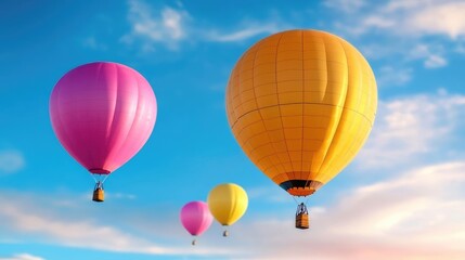 Obraz premium Colorful hot air balloons soaring in a clear blue sky, adventure travel