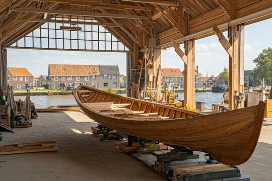 Historical vessels located at a shipbuilding site featuring a slipway in the port of Dutch fishing village Workum