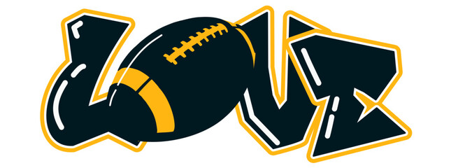 love - gold and black football ball, sport vector graphics, hockey, for street art - graffiti lettering typography - art illustration - multicolor - writen	