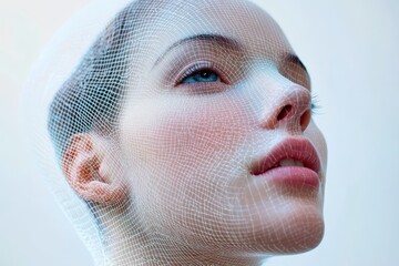 Naklejka premium Woman with 3d mesh facial recognition grid, biometric security scanning technology