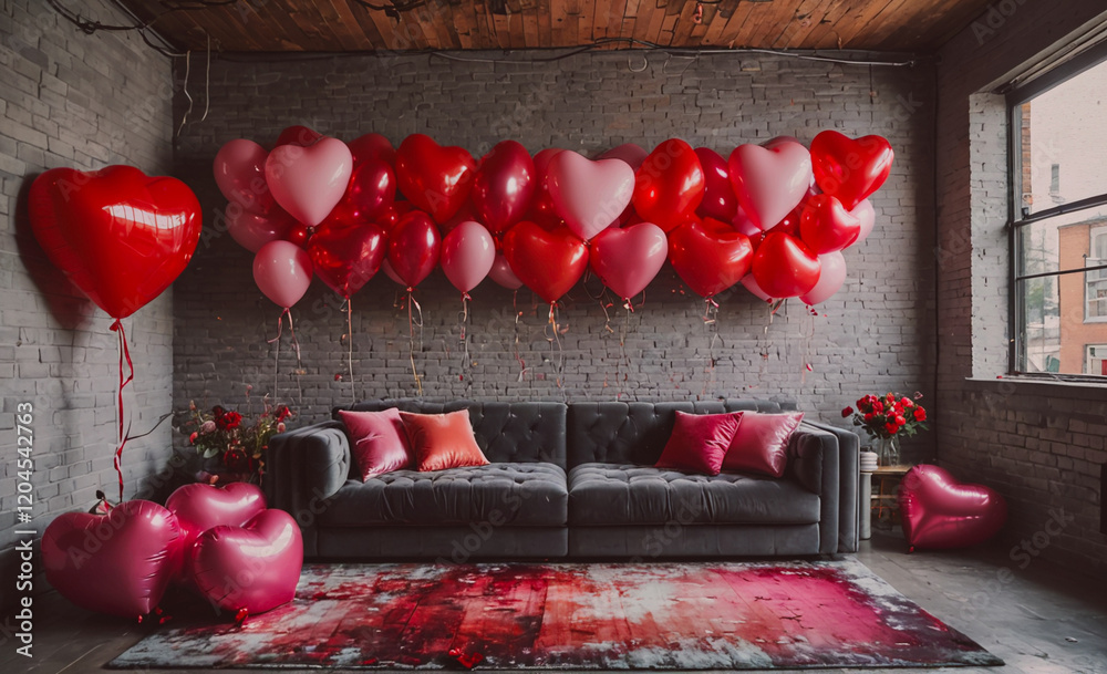 Poster room with a couch and a bunch of red balloons. the balloons are arranged in a way that they look lik