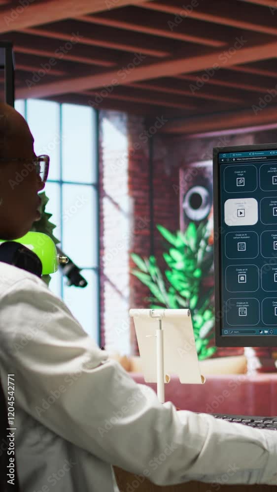 Fototapete vertical video person at home getting tasks done with ai program turning text prompt into videos. wo