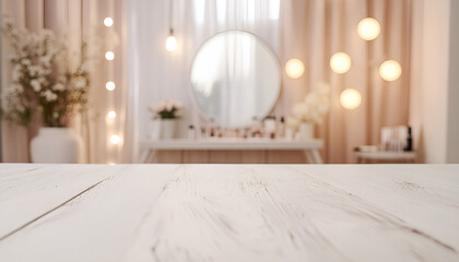Defocused makeup mirror in dressing room with wooden table top