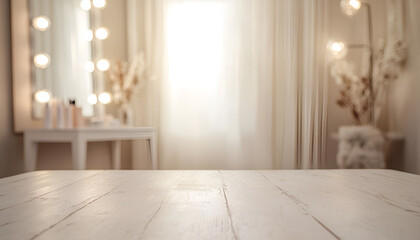 Defocused makeup mirror in dressing room with wooden table top