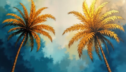 Golden, dark blue palm trees. Tropical art illustration with vivid colours. Abstract painting design for home decor. Beautiful nature scene. Suitable as wall art wallpaper. Luxury tropical vibe.