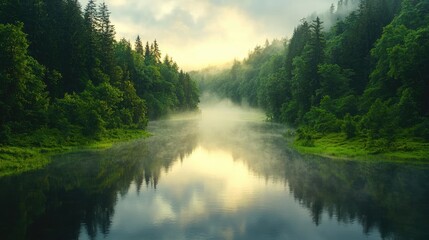 Misty sunrise over calm river in green forest
