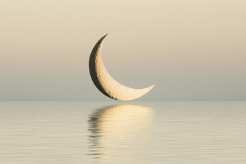 Crescent moon floats serenely above calm water, reflecting its ethereal glow at sunset.
