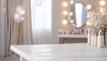 Defocused makeup mirror in dressing room with wooden table top