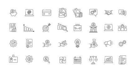 This image features 32 finance-themed icons within colored circular backdrops, representing concepts like growth charts, contracts, credit cards, cash, piggy banks, bar graphs, briefcases, and light 