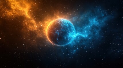 Vibrant cosmic scene showcasing a glowing planet amidst swirling orange and blue nebulae in space