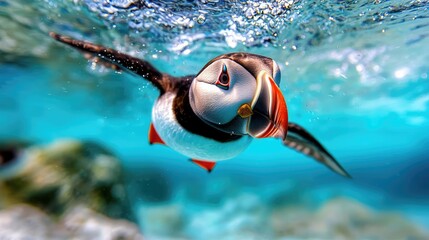 Atlantic puffin underwater swimming, ocean, rocks, wildlife, nature photography, for website or print