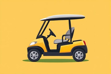 Obraz premium Yellow golf cart parked on a golf course, golfing transportation icon