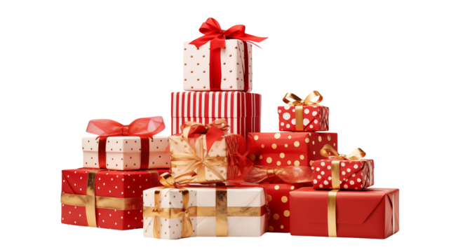 Red and Gold Christmas Gifts Stacked High for Festive Season