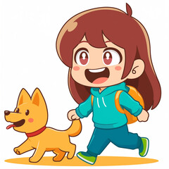 A cartoon girl walking the dog