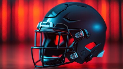 Naklejka premium A sleek black football helmet illuminated by vibrant red and blue lights, showcasing a modern design and attention to detail.