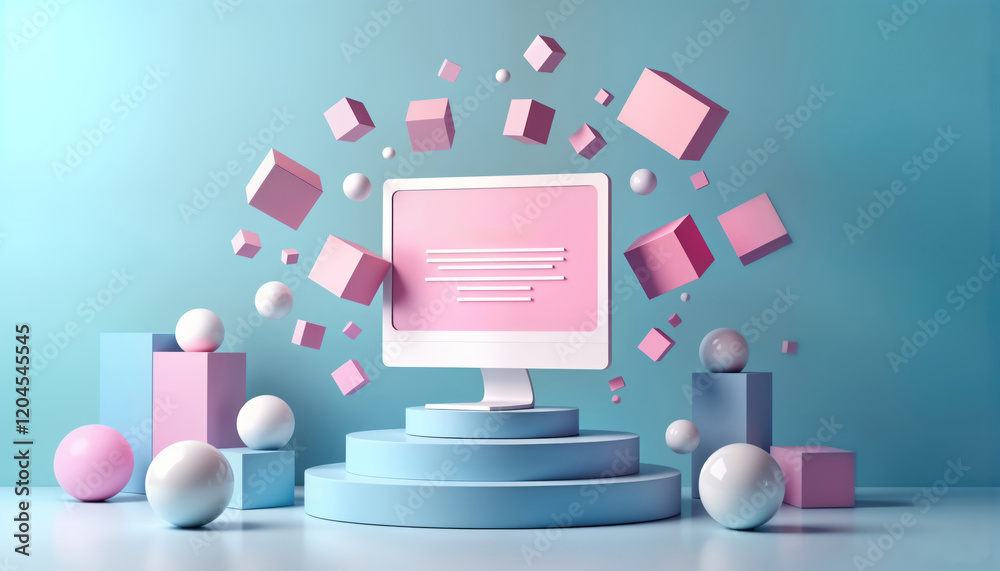 Fototapete abstract concept of web page assembly. modern computer monitor with flying colorful geometric shapes