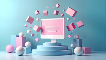Abstract concept of web page assembly. Modern computer monitor with flying colorful geometric shapes. Pastel pink, blue shapes float around podium. Design studio presentation of website modules.