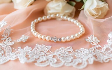 Fototapeta premium A vintage-style pearl choker with diamond accents, placed on a pastel peach background with elegant lace patterns for valentines day