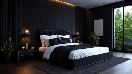 Modern black bedroom interior design, night view, luxury home