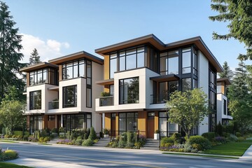 Two modern townhouses with white concrete and wood accents, surrounded by trees, clear skies, and a clean street.