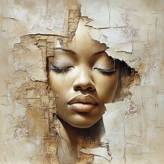 portrait of a woman with painted face woman with closed eyes in wall concrete crumbles