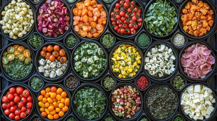 Fototapeta premium Colorful array of fresh, prepared vegetable and cheese dishes in bowls.