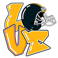 love - gold and black football player helmet, sport vector graphics, hockey, for street art - graffiti lettering typography - art illustration - multicolor - writen	