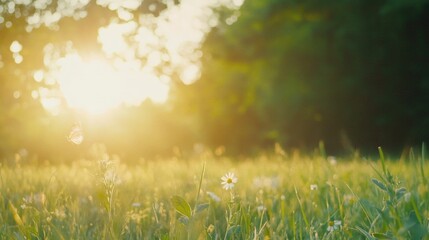 Fototapeta premium Colorful butterfly in golden sunset meadow capturing nature's beauty and tranquility