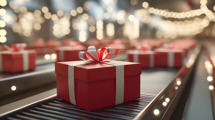 Merry Christmas Gift Box with Ribbon and Bow on Conveyor System in Manufacturing Factory Illustration