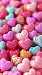 Fototapeta premium Colorful 3D Heart-Shaped Candies in Multicolored Tones, Vibrant and Festive Design for Valentine's Day Celebrations, 3D Heart Candy Background