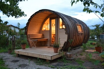 Naklejka premium Barrel sauna illuminating backyard garden in twilight ambiance