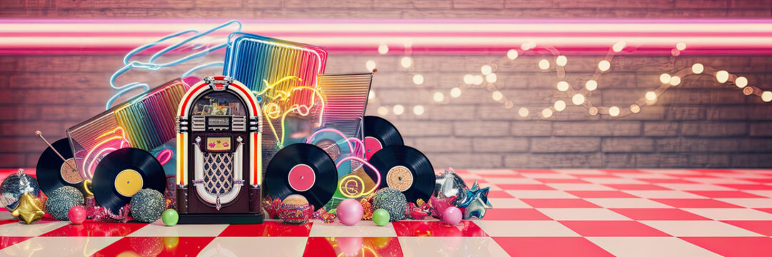 Retro Jukebox Vinyl Records Neon Signs 50s Diner Scene