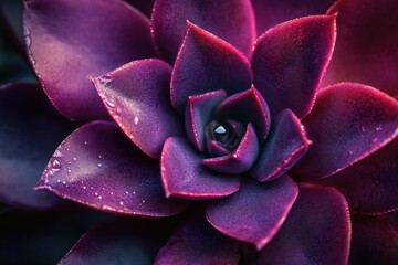 Close-up of a vibrant purple succulent, showcasing intricate details and water droplets.